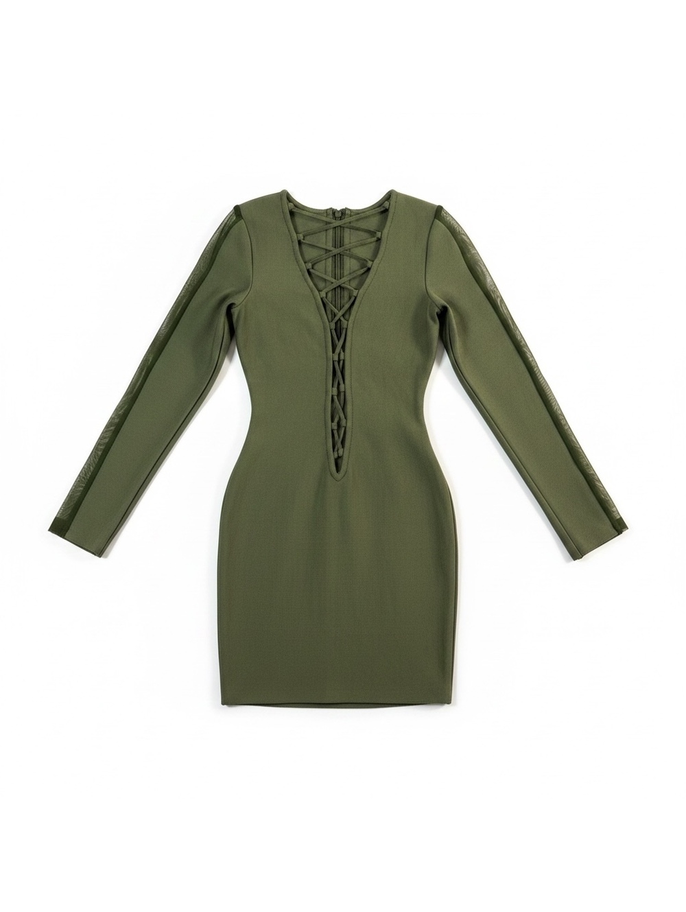 Femme Los Angeles XS Olive Green Bandage Bodycon Mini Dress Lace Up Long Sleeve